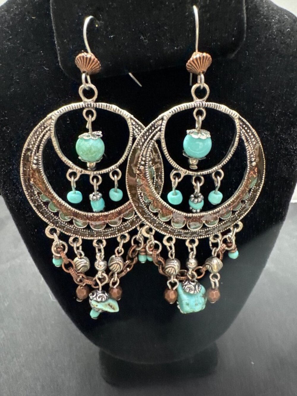 Boho-Chic Dangle Earrings With Turquoise Beads & Antique Silver-Tone Crescent De
